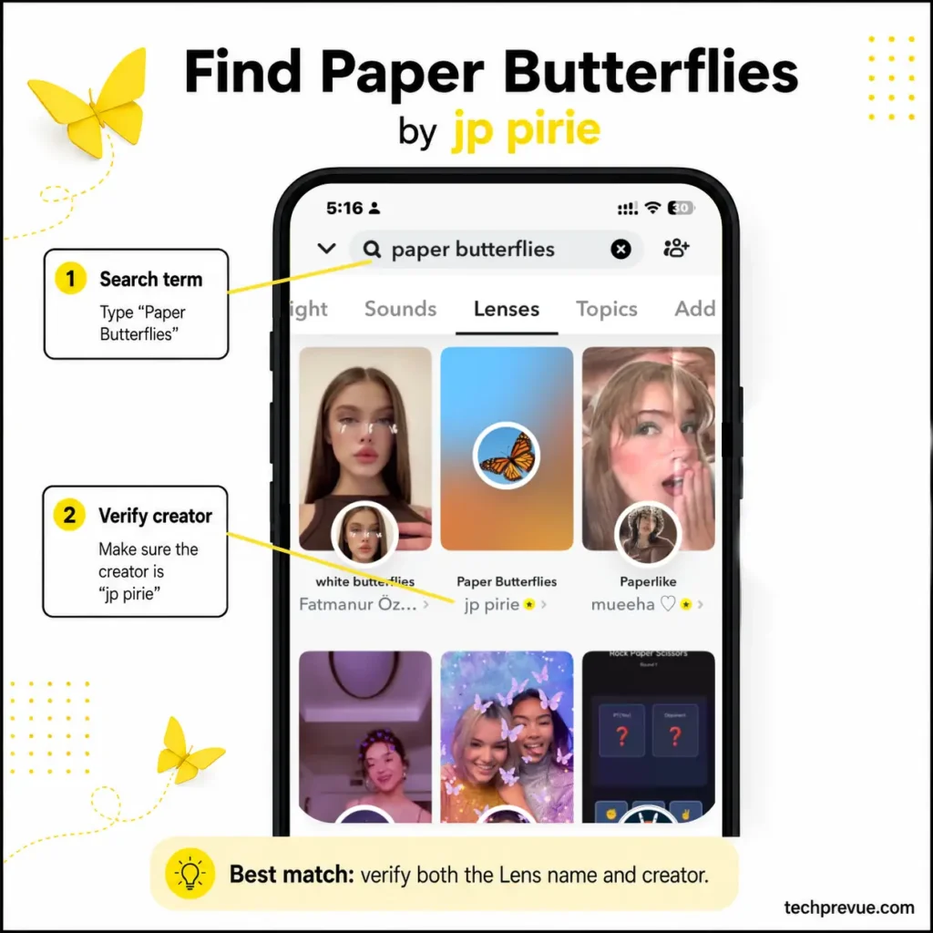 Paper Butterflies Lens by jp pirie highlighted in Snapchat Lens search