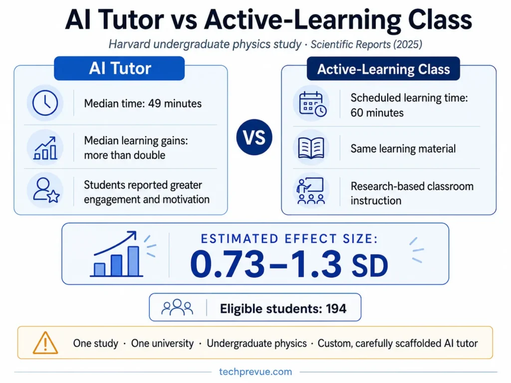 Harvard study comparing an AI tutor with an active-learning physics class, including learning gains and time on task