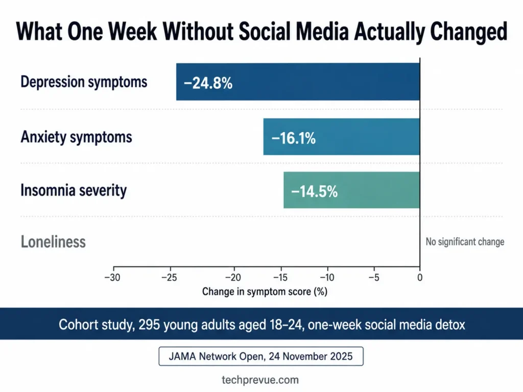 Bar chart showing depression down 24.8 percent, anxiety down 16.1 percent, insomnia down 14.5 percent, and no significant change in loneliness after a one-week social media detox