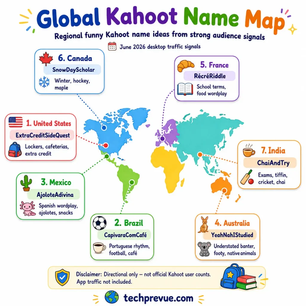 World map showing regional funny Kahoot name ideas for the United States, Brazil, Mexico, Australia, France, Canada, and India.