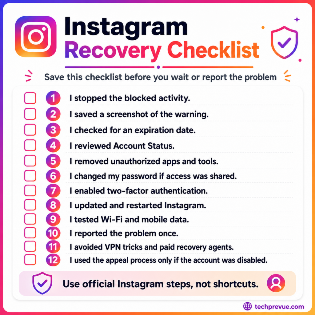 Instagram recovery checklist Instagram recovery checklist
