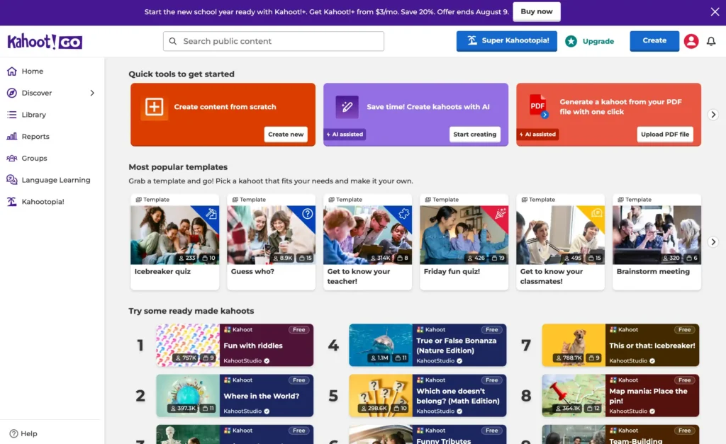 Kahoot GO dashboard with the Create button and quick tools for building a kahoot from scratch, with AI, or from a