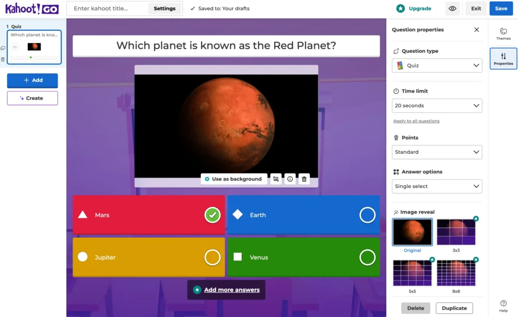 Kahoot question editor showing how to make a kahoot with four answer options, a 20-second time limit, and question properties