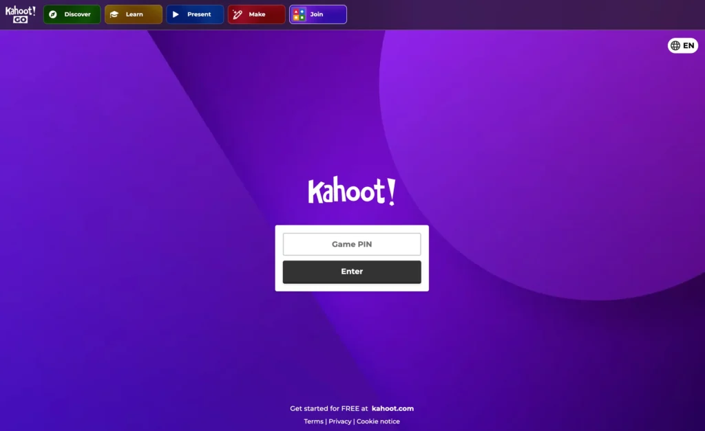 The kahoot.it join screen showing the Game PIN field players use to enter a Kahoot game