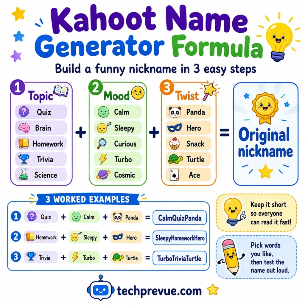 Formula for creating funny Kahoot names by combining a topic, mood, and playful twist.