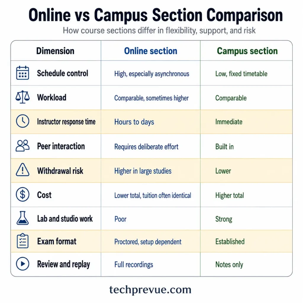 Table comparing online and campus course sections across schedule control, workload, instructor response time, withdrawal risk, cost, lab suitability and exam format.