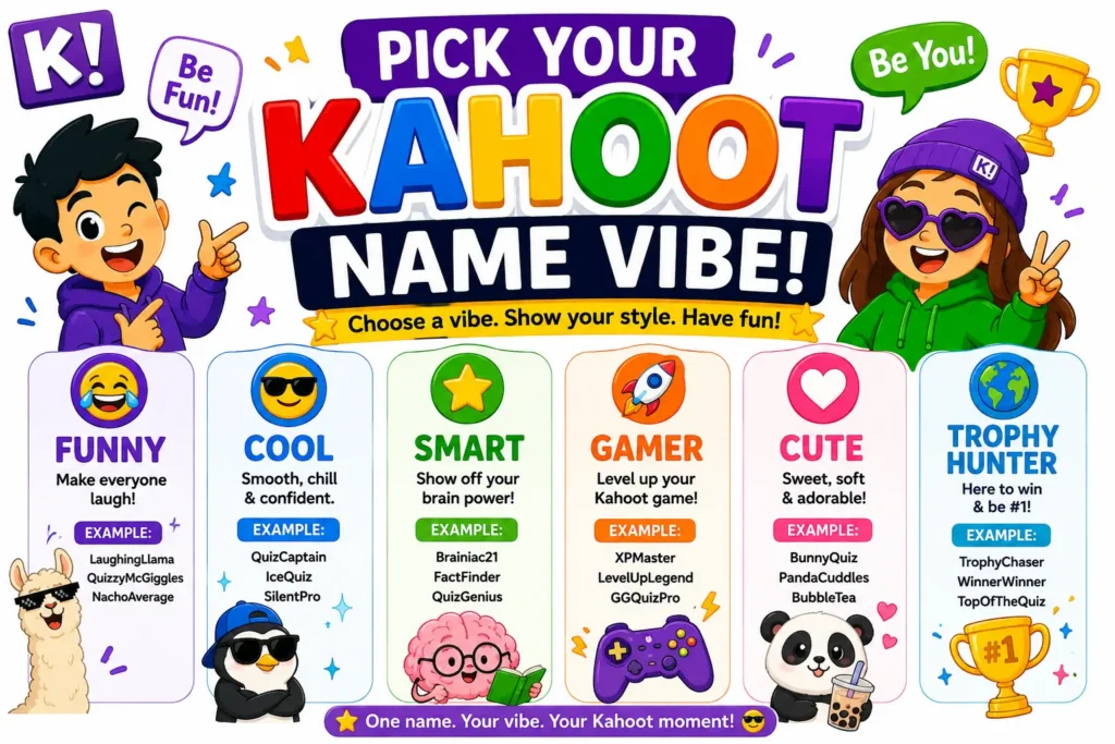 Five funny Kahoot names categories labeled clean, clever, AI, Gen Z, and global.