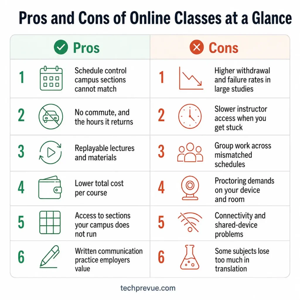 Comparison chart of the pros and cons of online classes, listing six advantages including schedule control and no commute against six drawbacks including higher withdrawal rates and proctoring requirements.