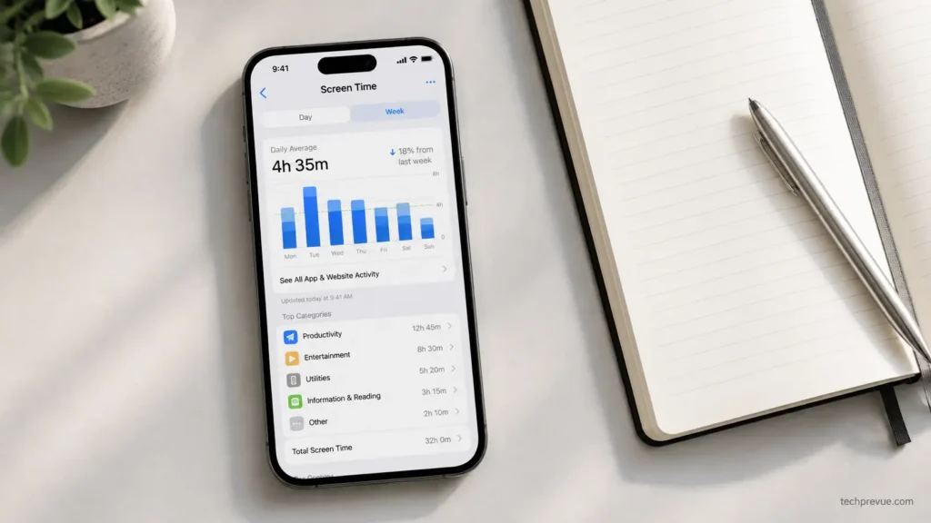 Signs you need a break from social media – Weekly screen time report on a phone beside a notebook