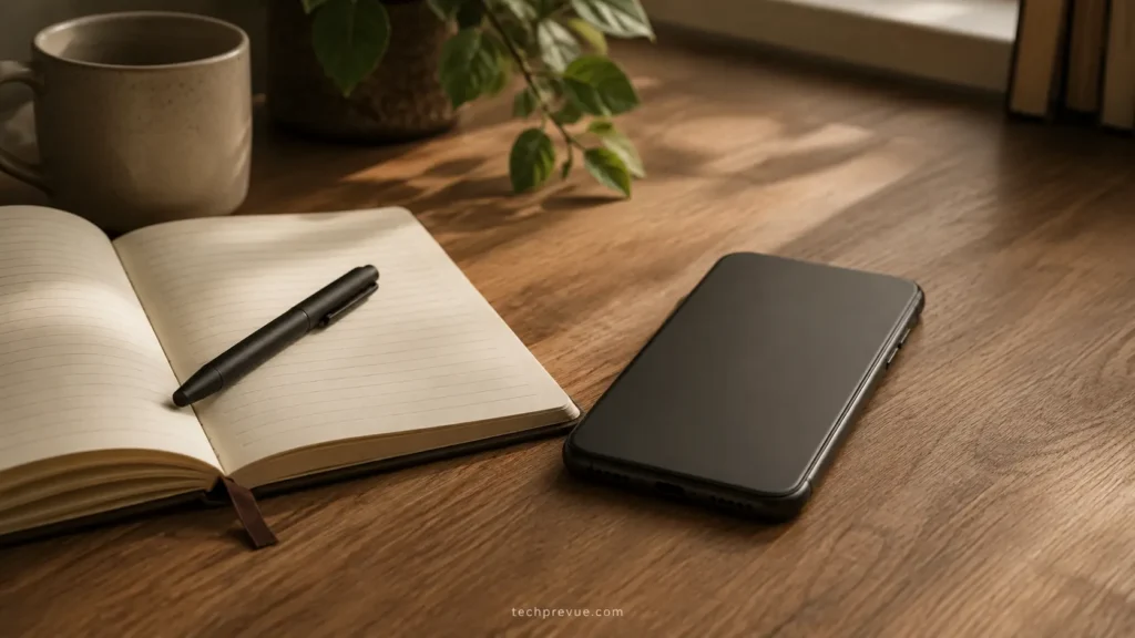 Phone placed face down beside a paper notebook during a social media detox