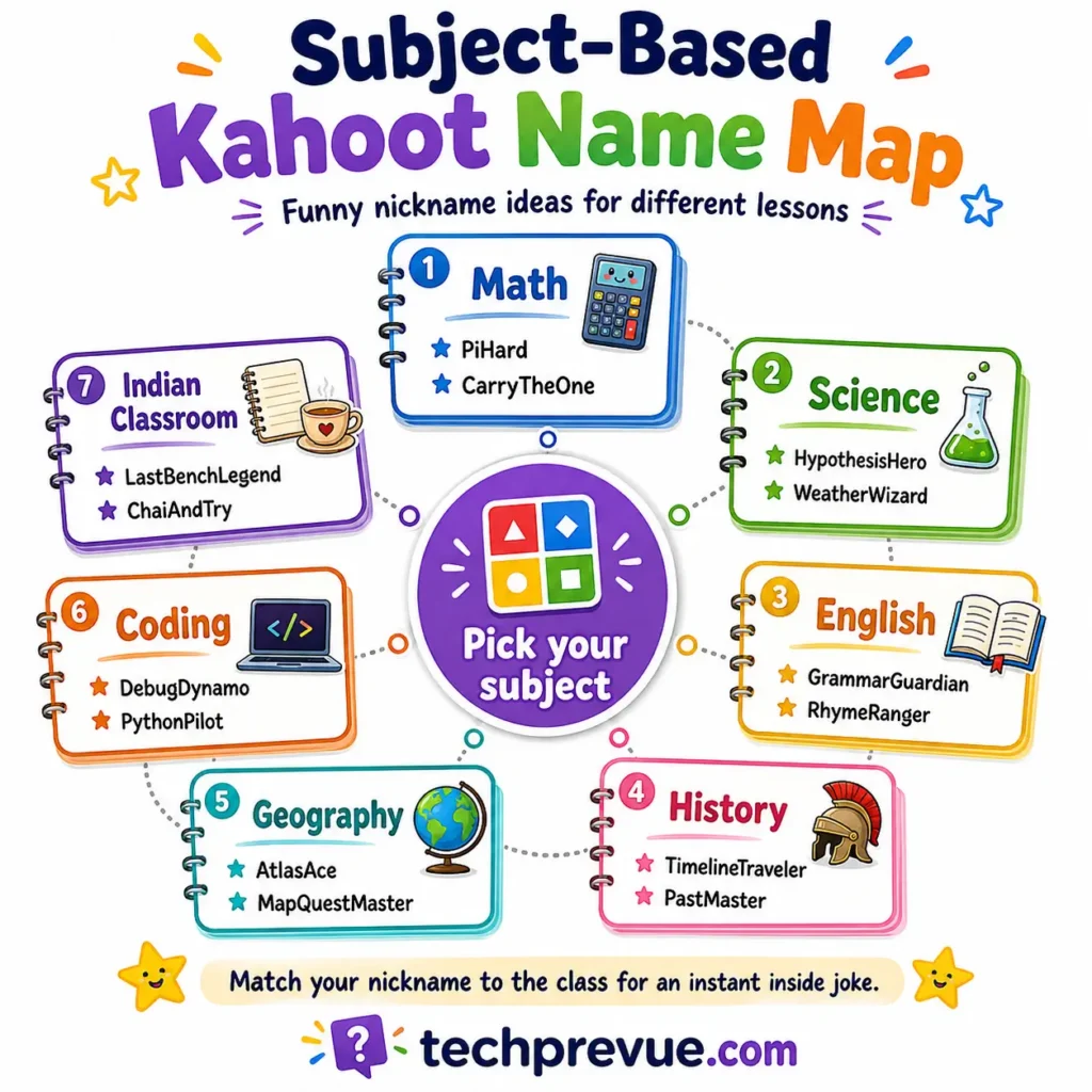 Subject-based funny Kahoot names categories for math, science, English, history, geography, coding, and Indian classrooms.