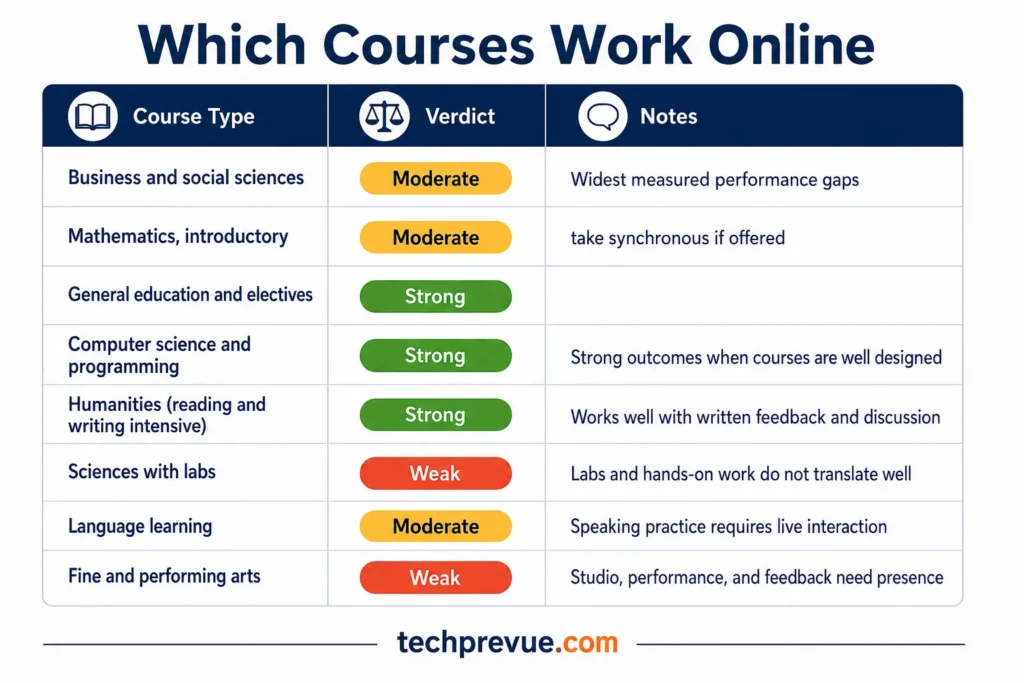 Matrix rating eight course types from general education to studio subjects for online suitability, with notes on withdrawal risk and lab requirements.