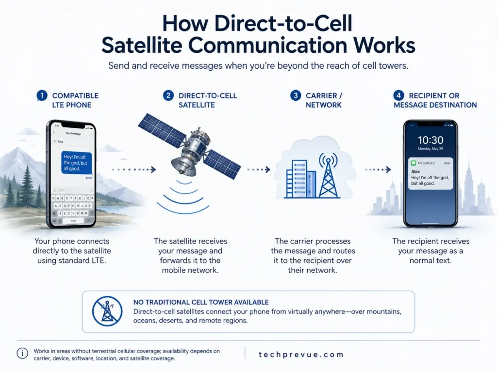 Diagram showing a mobile phone connecting through a direct-to-cell satellite when terrestrial coverage is unavailable
