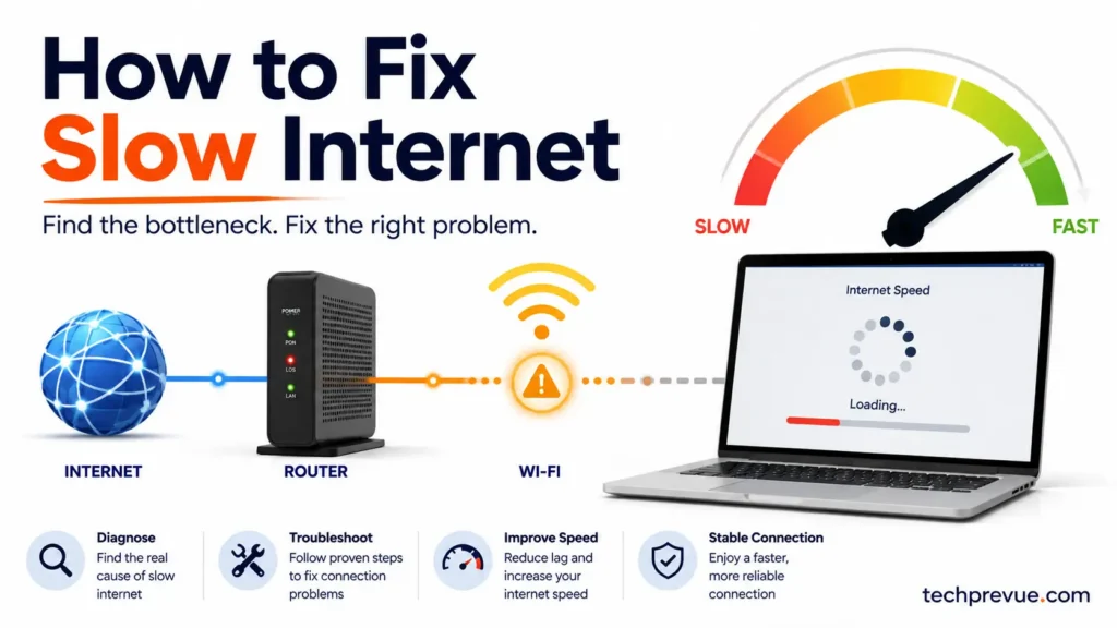 Laptop and Wi-Fi router illustrating how to fix slow internet by finding the connection bottleneck
