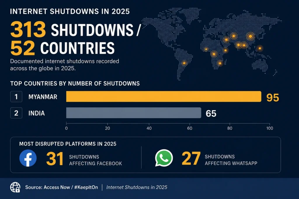 Internet shutdowns recorded in 2025 showing 313 shutdowns across 52 countries with Myanmar and India leading