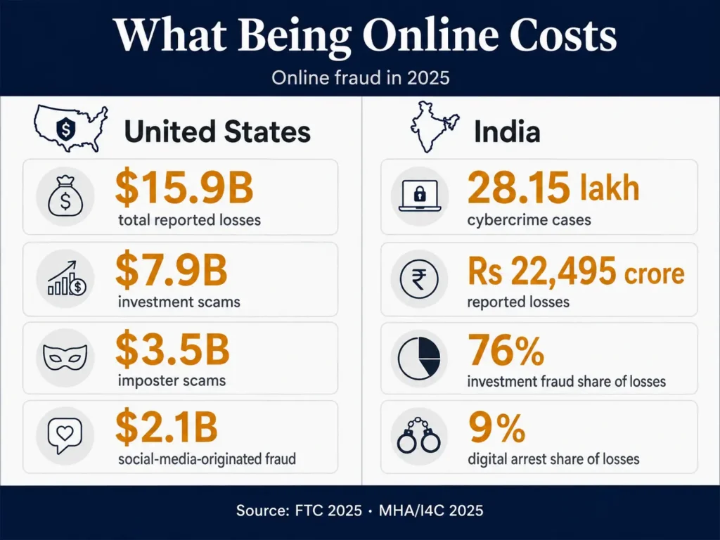 Online fraud statistics: US and India 2025: Online fraud losses in 2025 comparing 15.9 billion dollars reported in the United States with 22,495 crore rupees reported in India