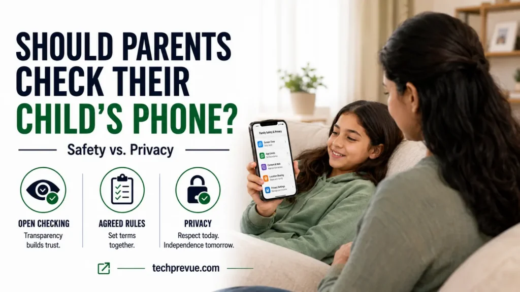 Should parents check their child's phone — parent and teenager reviewing phone settings together