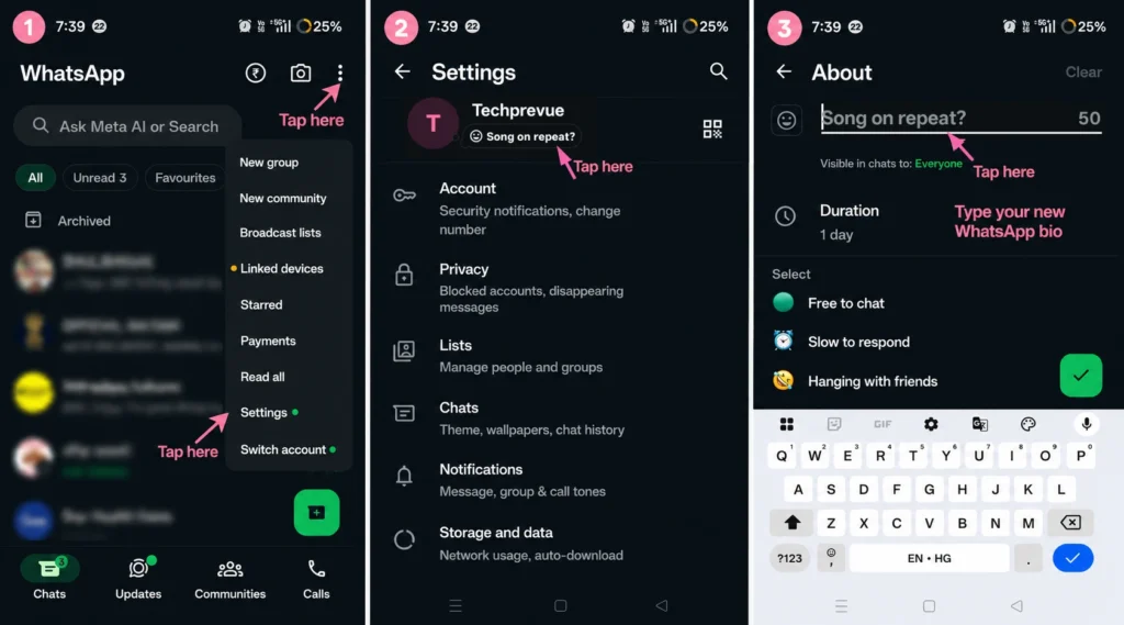 Steps to add bio in WhatsApp Business on Android