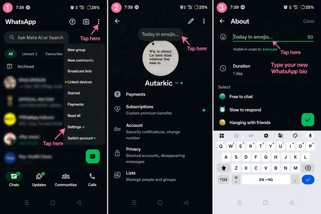 Steps to add WhatsApp bio on Android