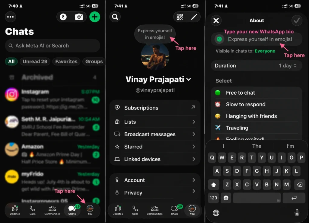 Steps to add WhatsApp bio on iPhone iOS