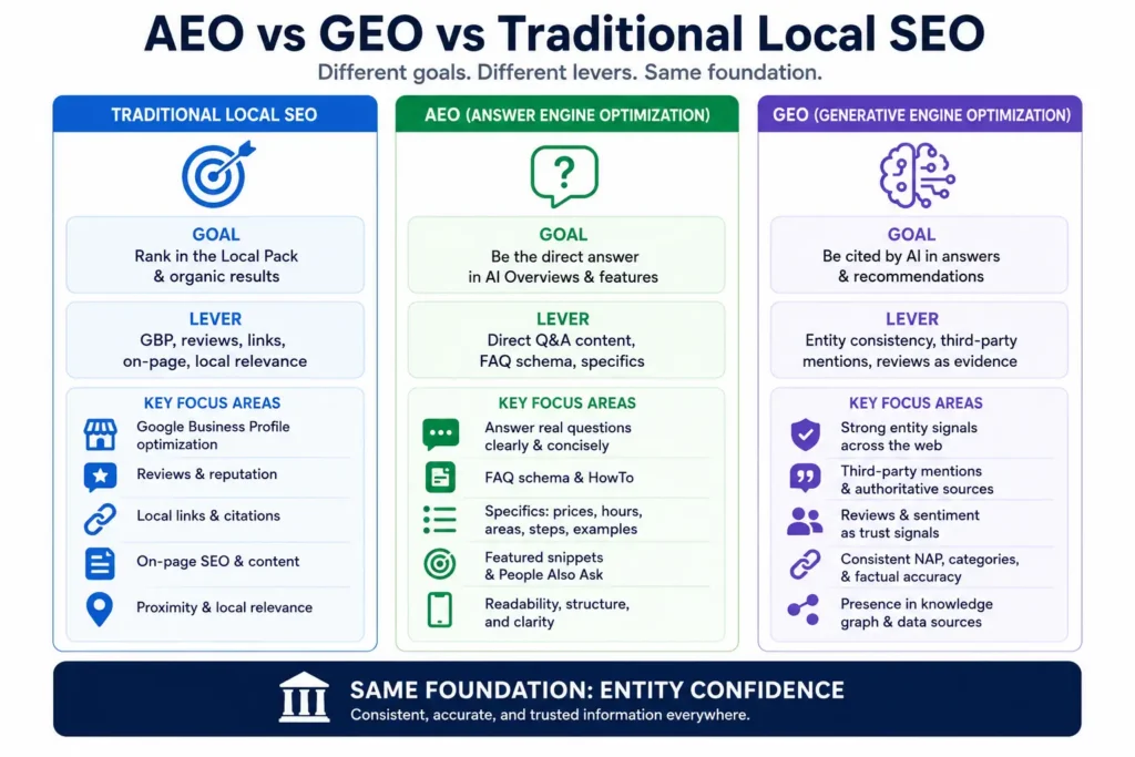 What Is Local SEO? Complete 2026 Guide + Checklist 8 AEO vs GEO vs Traditional Local SEO
