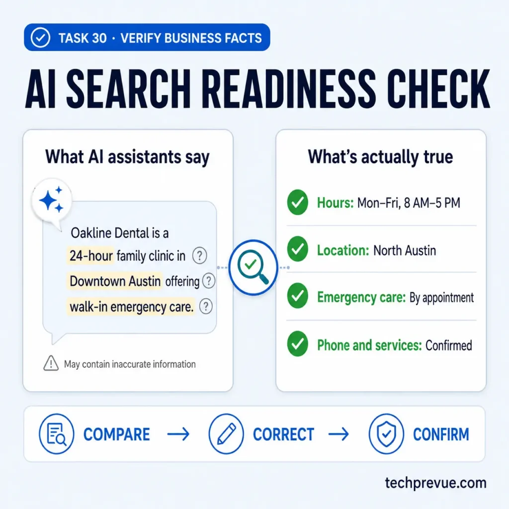 Comparing what AI assistants say about a local business against verified accurate information