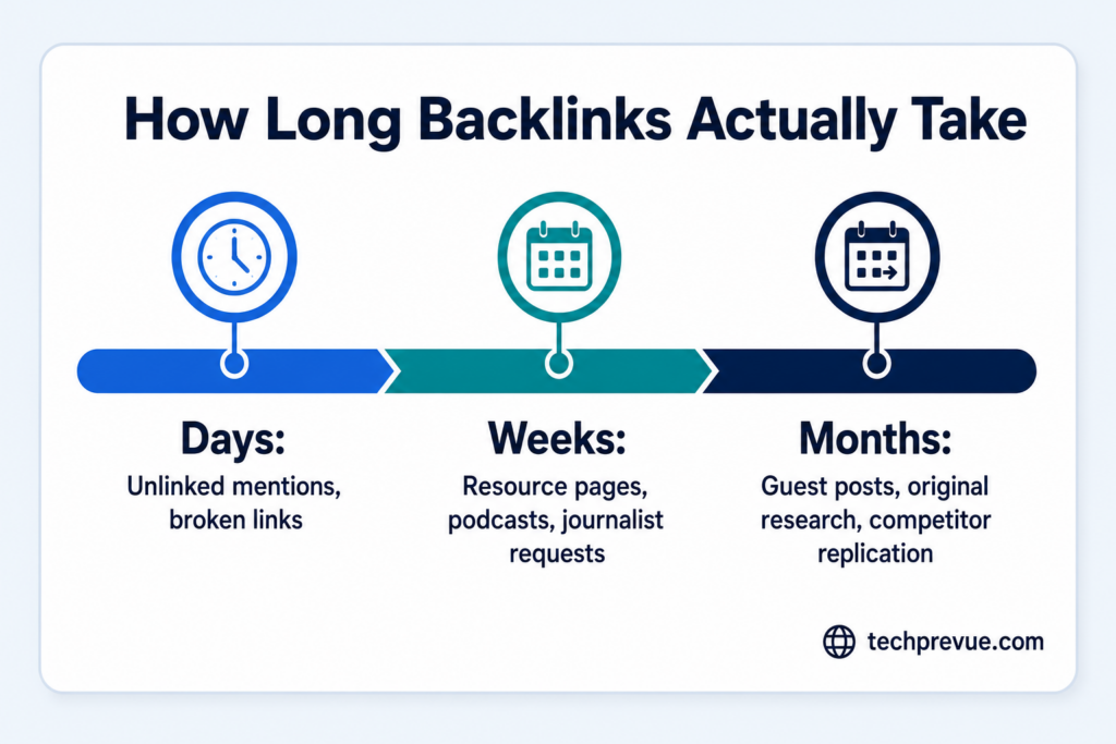 Timeline showing how long different backlink-building tactics take to show results.