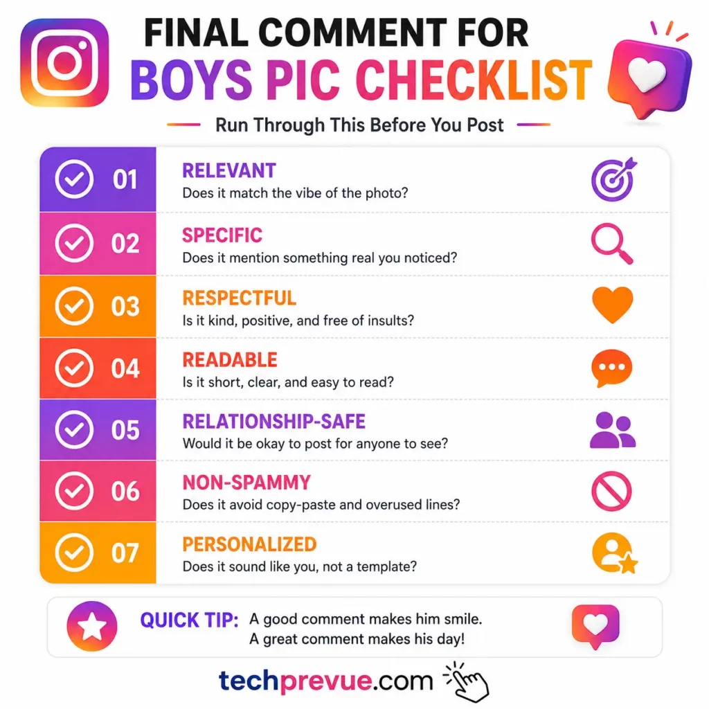 Checklist for choosing a relevant and respectful comment for a boy’s picture on Instagram