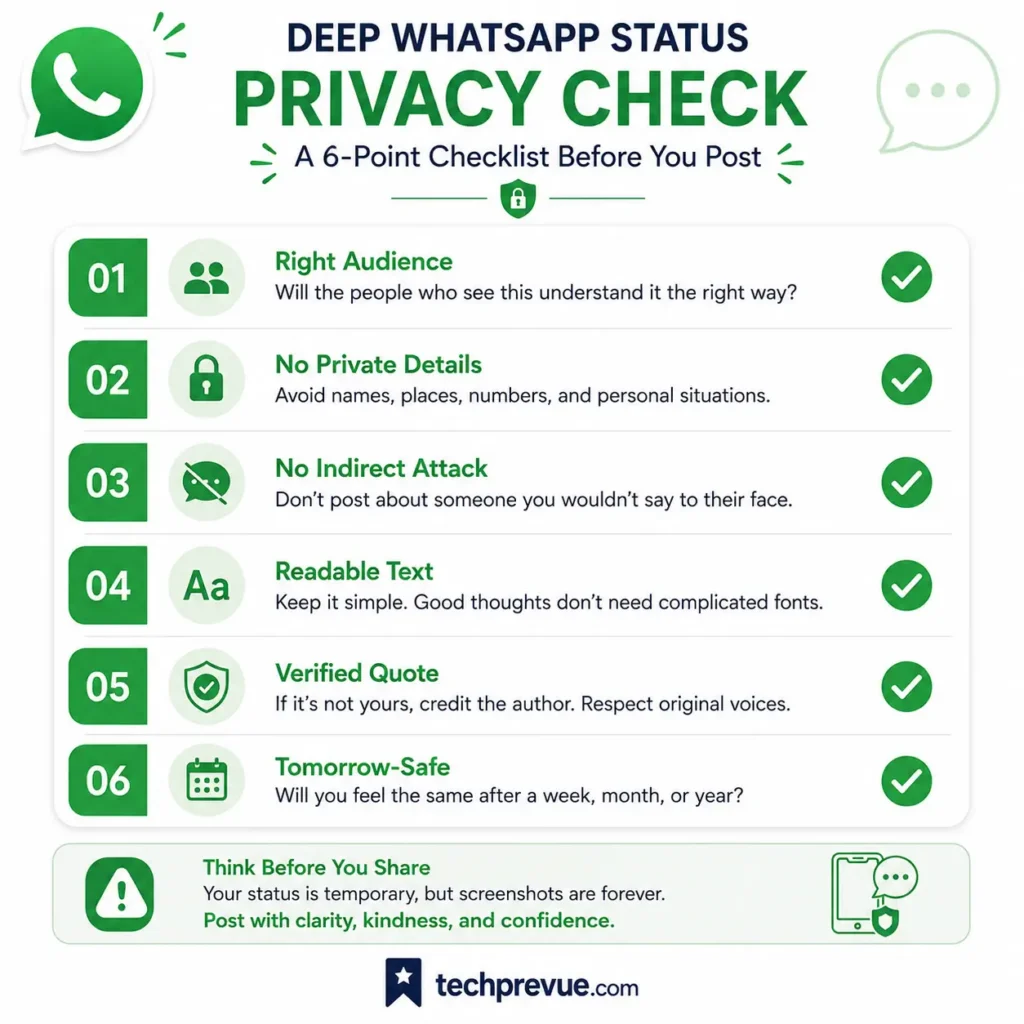 Privacy and safety checklist before sharing a deep meaningful WhatsApp status