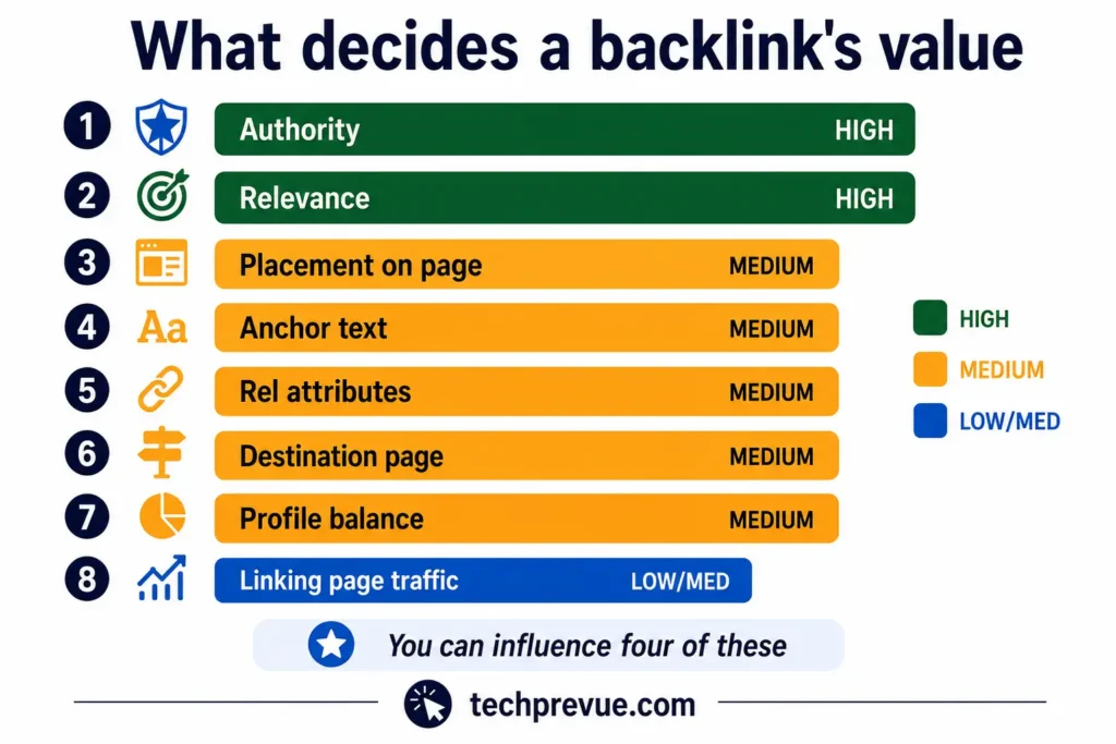 Link Building in SEO: The Complete 2026 Guide 4 Bar chart ranking eight backlink value factors, with authority and relevance rated high and linking-page traffic rated lowest