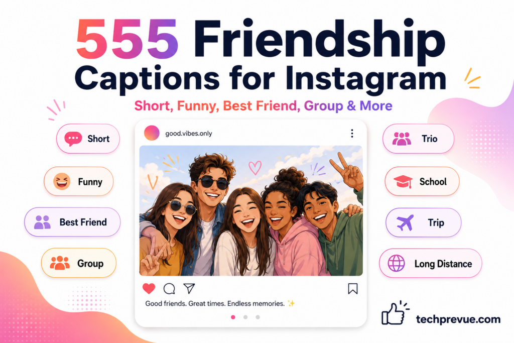 Friendship captions for Instagram featuring short, funny, best friend, group, trio, school, and trip caption ideas
