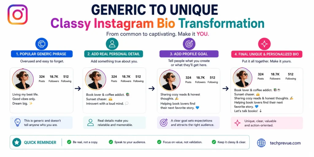 411 Classy Instagram Bio Ideas for Girls, Boys, Creators, and Brands 3 Process for turning a generic classy Instagram bio into a unique personalized bio