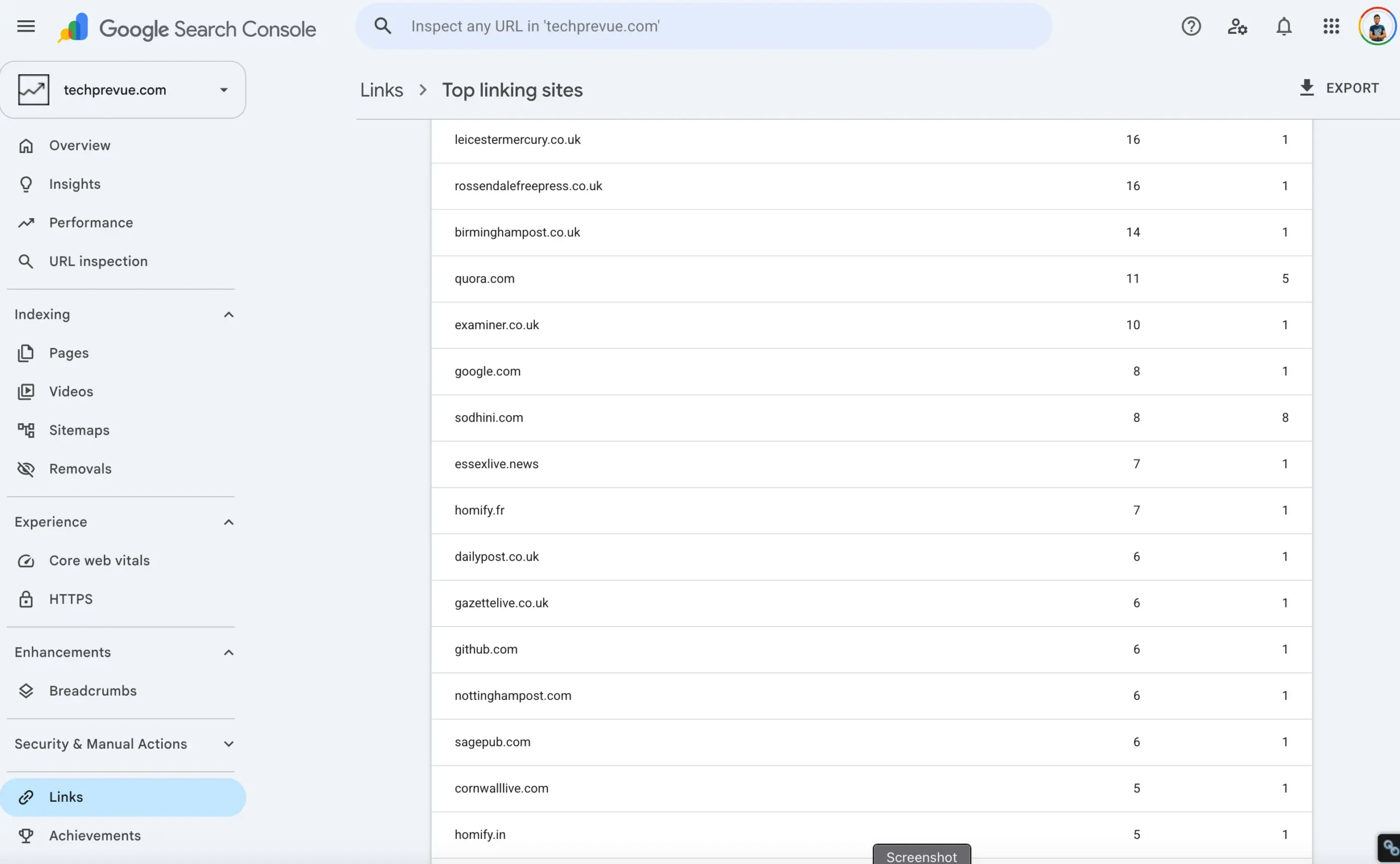 A screenshot of Google Search Console Links Tab