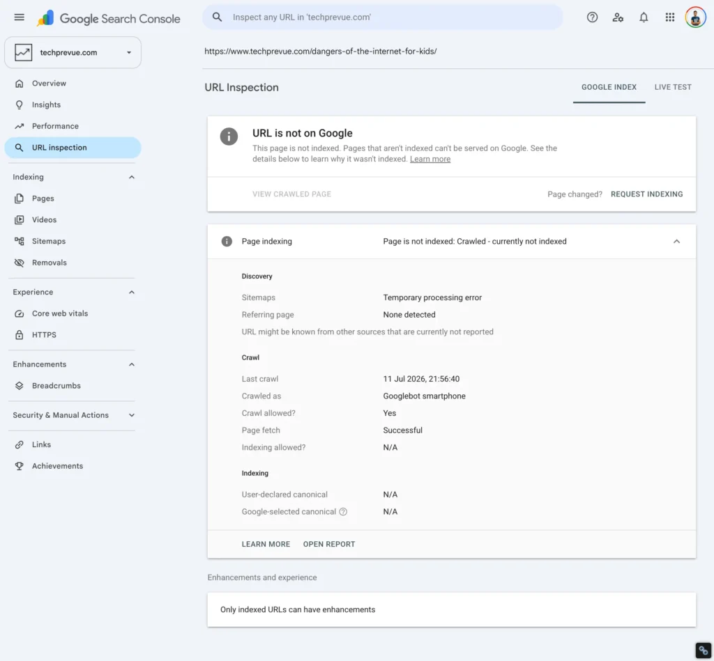 Google Search Console URL Inspection Result