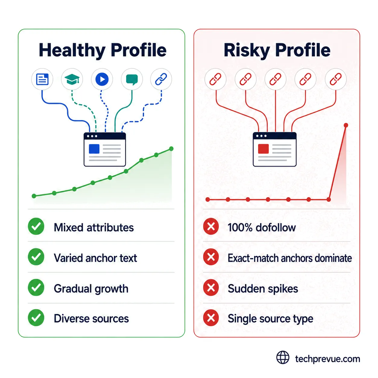 Side-by-side comparison of a healthy backlink profile versus a risky, toxic-leaning one