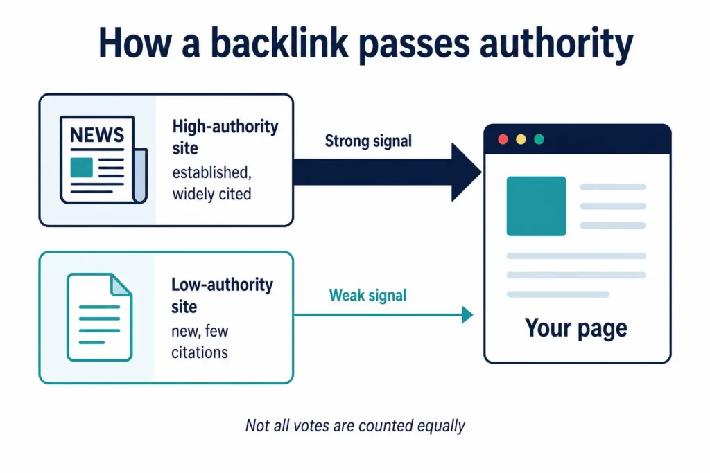 Link Building in SEO: The Complete 2026 Guide 1 Diagram showing two websites linking to a target page, with the higher-authority source passing a thicker arrow of authority than the lower-authority source