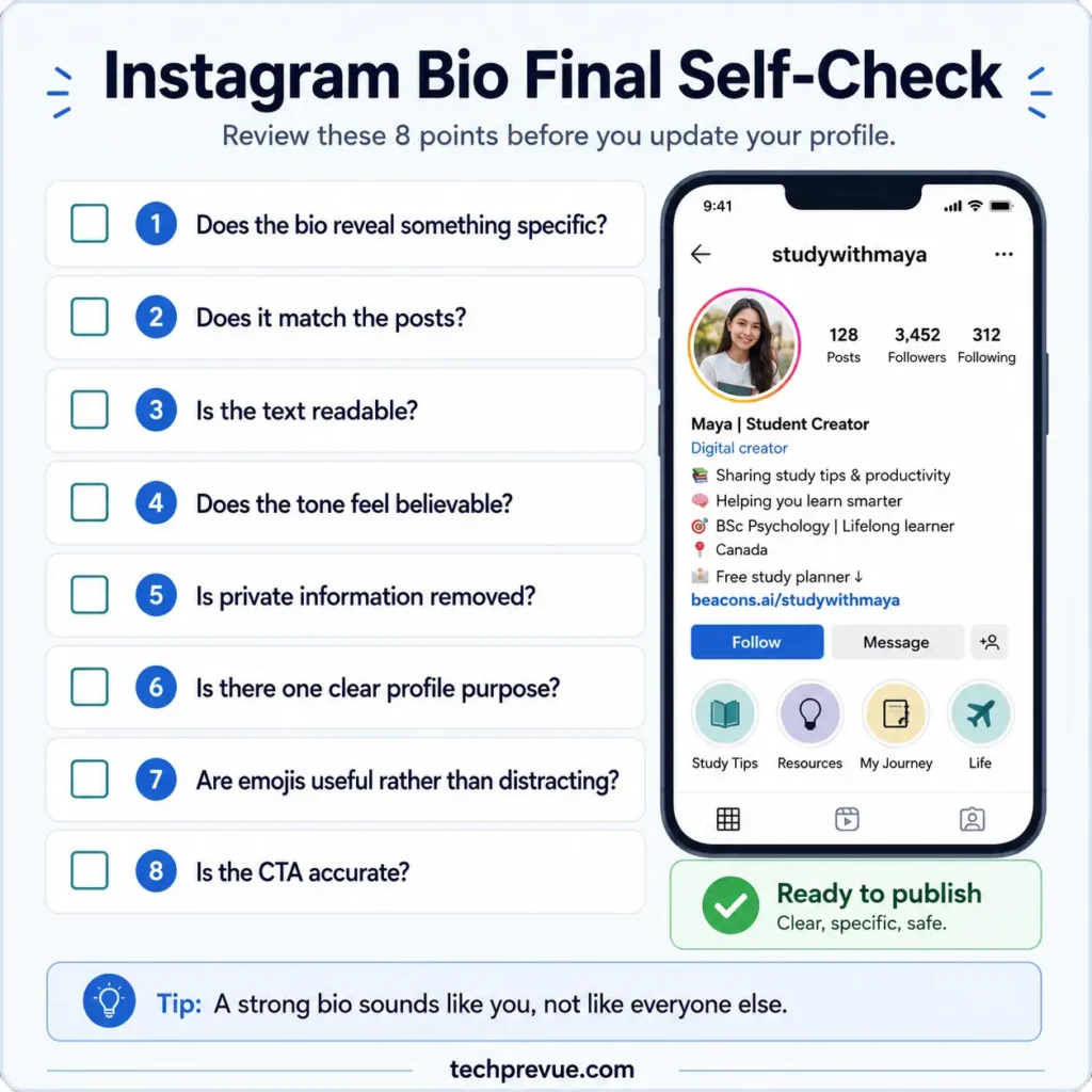 Instagram Bio for Boys: Stylish, Attitude, Simple, and Unique Ideas 8 Final Instagram bio checklist for boys covering readability, personality, privacy, profile purpose, emojis, and call to action