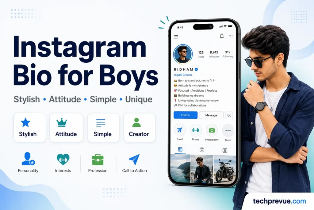 Instagram bio for boys with stylish, attitude, simple, and creator profile ideas