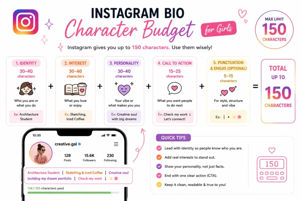 Instagram Bio for Girls – 401 Best Ideas for Every Vibe 3 Instagram bio for girls character budget showing identity, interests, personality, and call-to-action space.