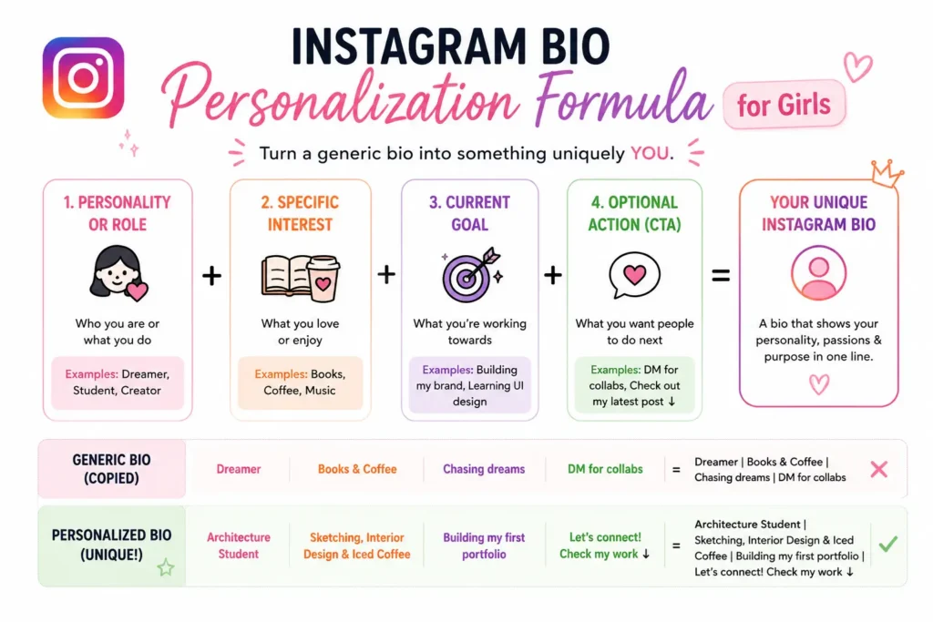 Instagram Bio for Girls – 401 Best Ideas for Every Vibe 2 ormula for personalizing an Instagram bio for girls with personality, interests, goals, and a call to action.