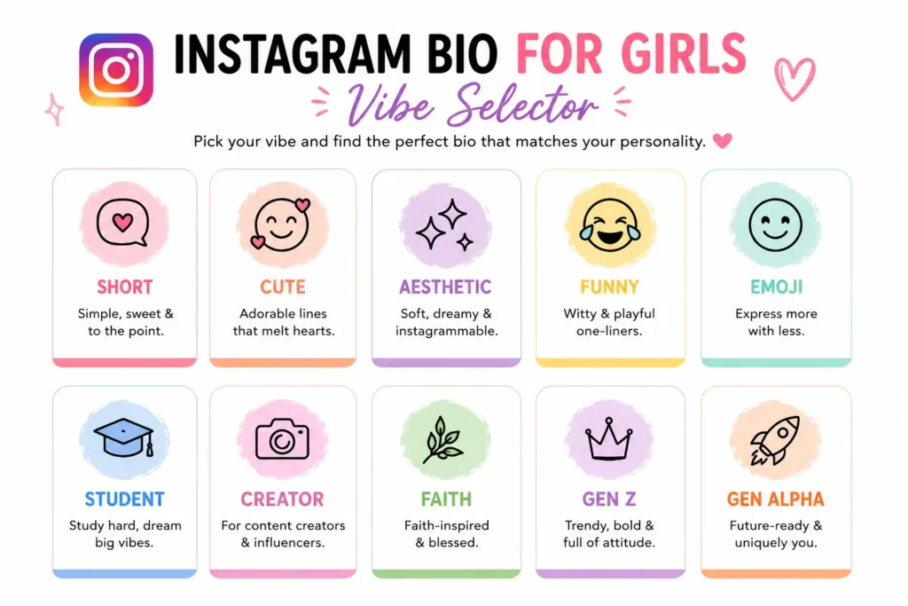 Instagram Bio for Girls – 401 Best Ideas for Every Vibe 1 Vibe selector for choosing a cute, aesthetic, funny, student, creator, or faith-based Instagram bio for girls.