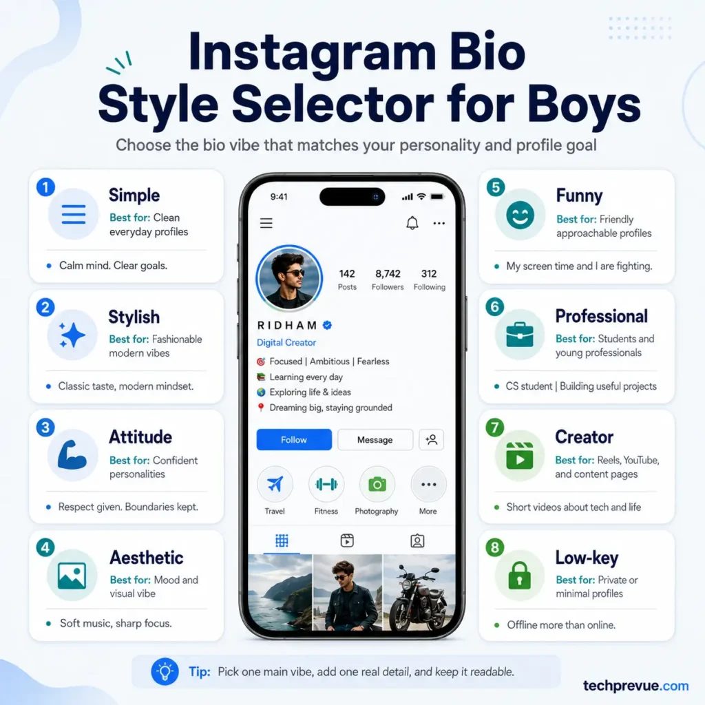 Instagram Bio for Boys: Stylish, Attitude, Simple, and Unique Ideas 1 Instagram bio style selector for boys comparing simple, stylish, attitude, aesthetic, funny, professional, and creator bios