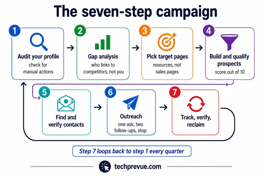 Link Building in SEO: The Complete 2026 Guide 8 Seven-step link building campaign workflow from backlink audit through gap analysis, page selection, prospecting, contact finding, outreach and tracking