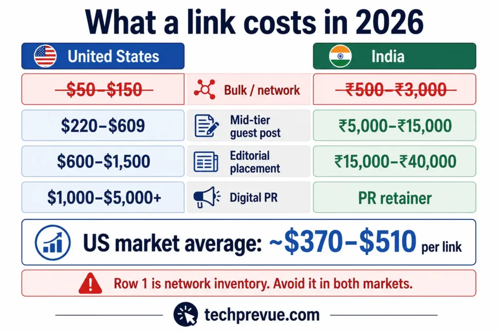 Link Building in SEO: The Complete 2026 Guide 12 Comparison chart of link building costs per link in the United States and India across bulk, mid-tier, editorial and digital PR quality levels in 2026