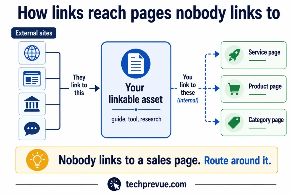 Link Building in SEO: The Complete 2026 Guide 9 Diagram showing external links arriving at a linkable asset, then internal links passing that authority through to commercial money pages