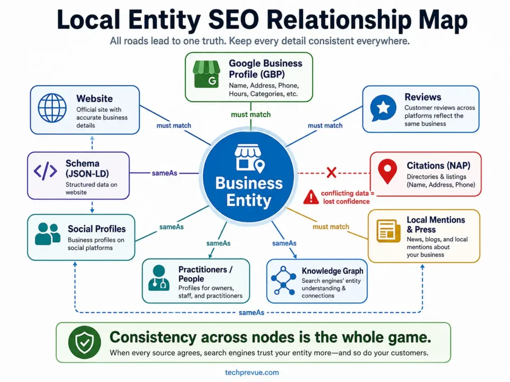 What Is Local SEO? Complete 2026 Guide + Checklist 6 Entity SEO relationship map connecting a local business to its profile, website, schema, reviews, citations, and the Knowledge Graph