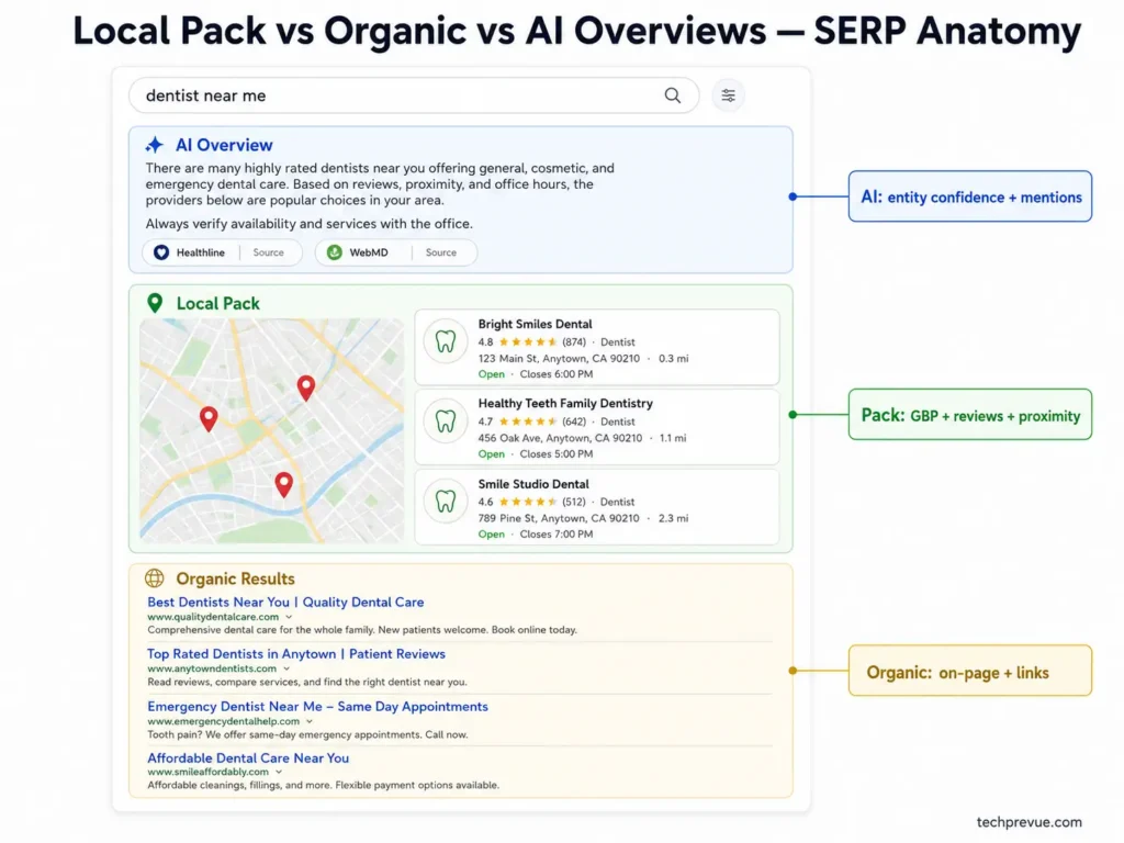 What Is Local SEO? Complete 2026 Guide + Checklist 3 Annotated search results page comparing the AI Overview, Google Local Pack, and organic results for a local query