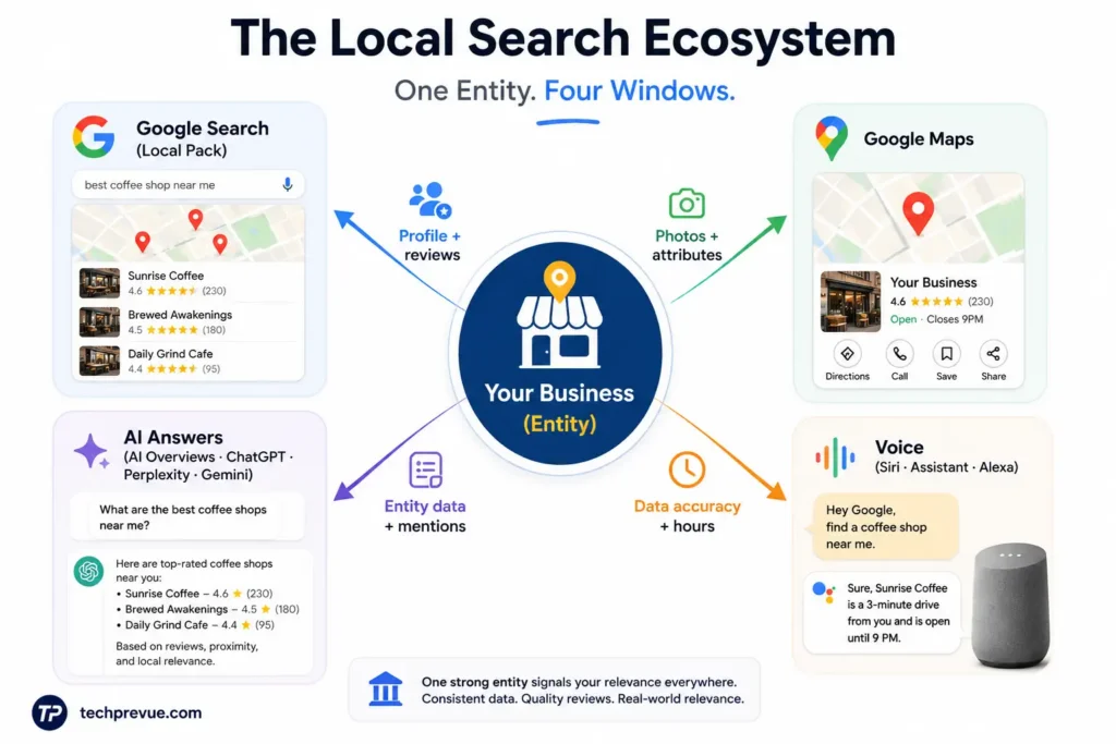 What Is Local SEO? Complete 2026 Guide + Checklist 2 Diagram of the local search ecosystem: one business entity feeding Google Search, Google Maps, AI answers, and voice assistants