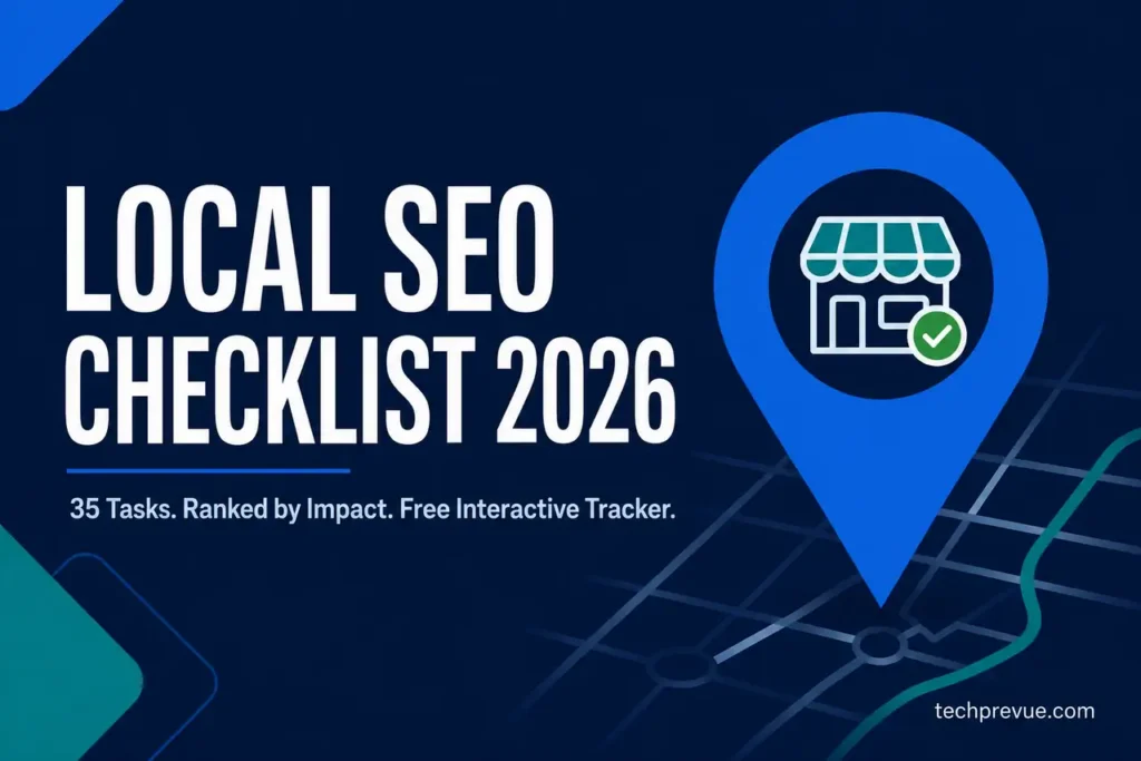 Local SEO checklist 2026 featured graphic showing 35 prioritized tasks and free interactive tracker