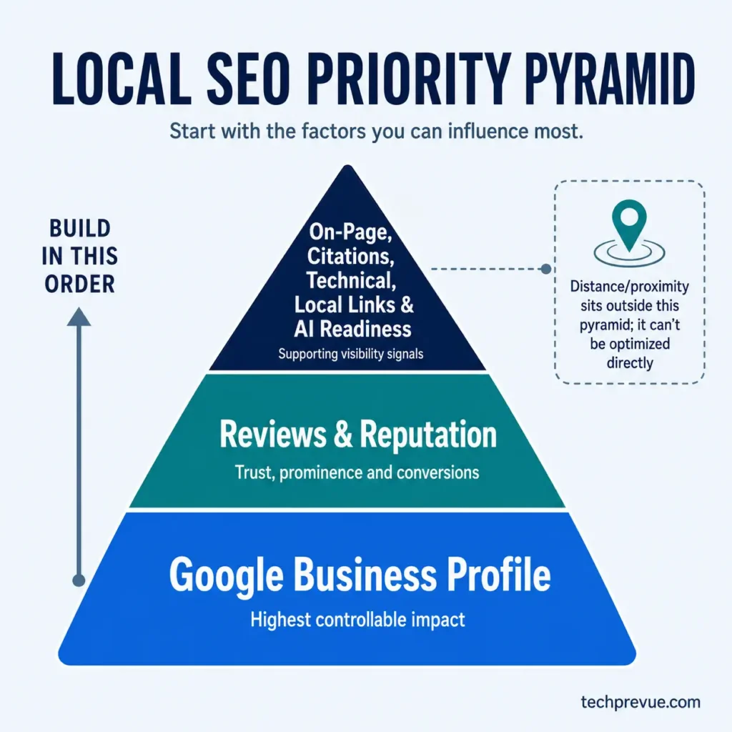 Pyramid showing Google Business Profile and reviews as the highest-impact local SEO priorities, followed by on-page, citations, technical, links, and AI readiness